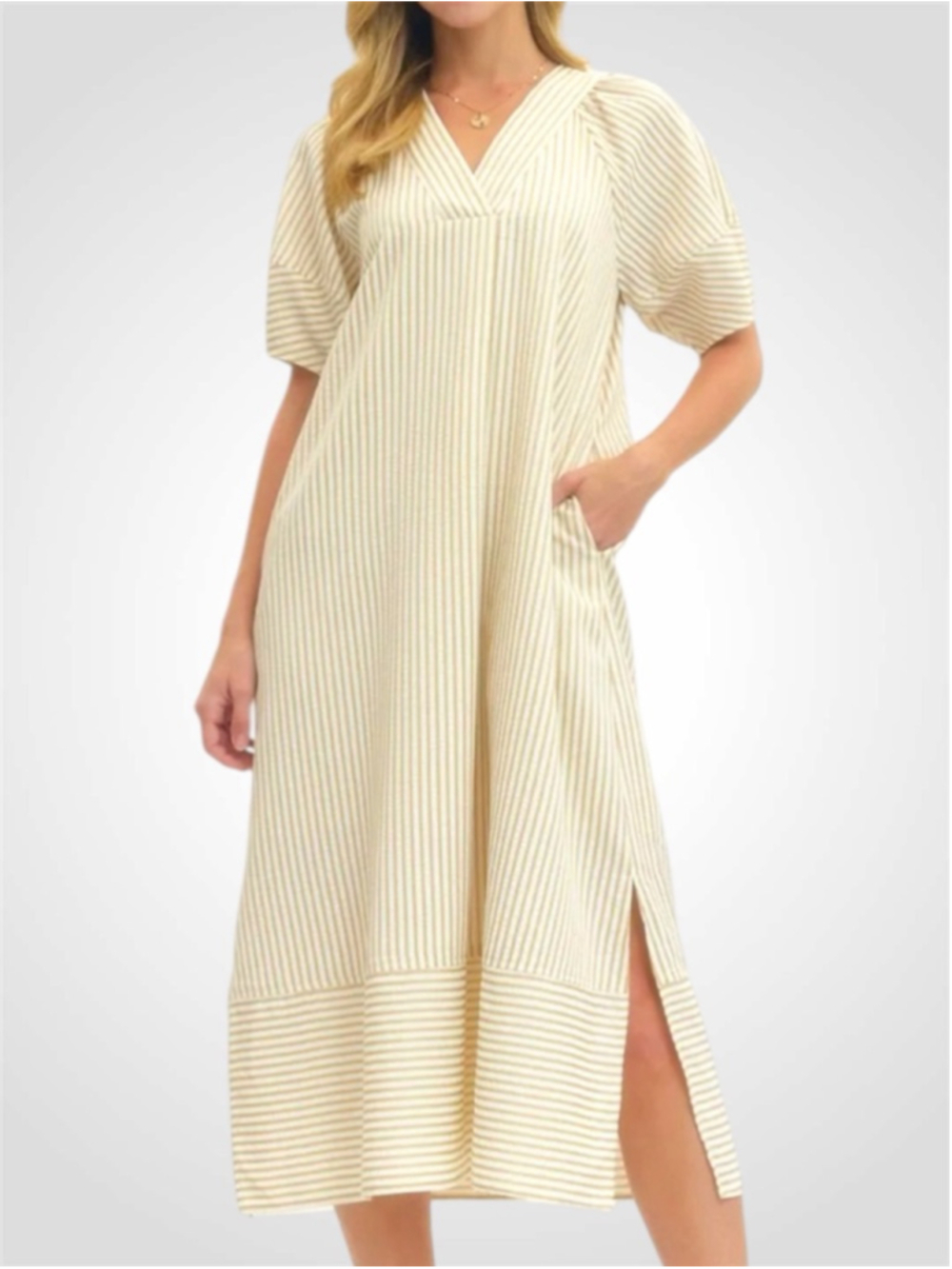 Entro Stipe Lantern Sleeve Midi Dress in Sand Size S